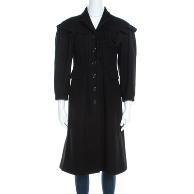 Pre-owned Moschino Black Wool Ruffled Trim Rosette Applique Button Front Long Coat M