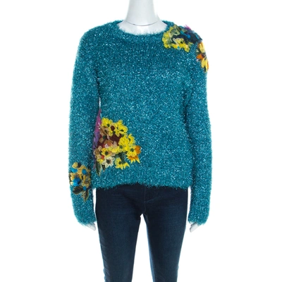Pre-owned Dolce & Gabbana Metallic Blue Tinsel Rib Knit Floral Applique Jumper S In Black