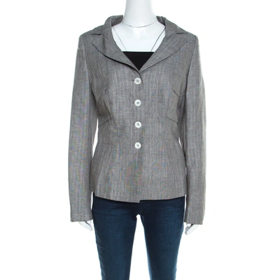 Pre-owned Escada Grey Linen And Wool Pleat Detail Tailored Blazer L