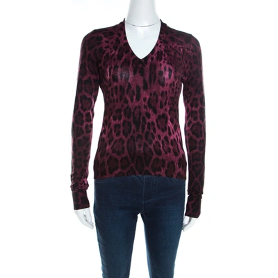 Pre-owned Dolce & Gabbana Mulberry Purple Leopard Print Wool Sweater Top S