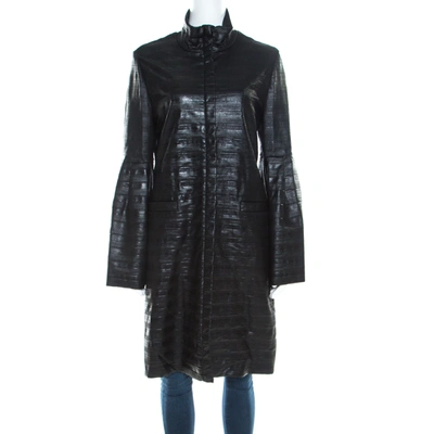Pre-owned Escada Black Coated Wool Flounce Sleeve Zip Front Long Coat M