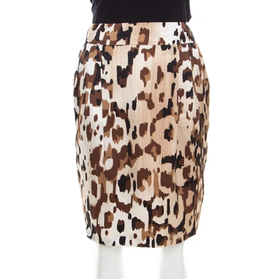 Pre-owned Escada Brown Abstract Camouflage Printed Silk Satin Skirt M