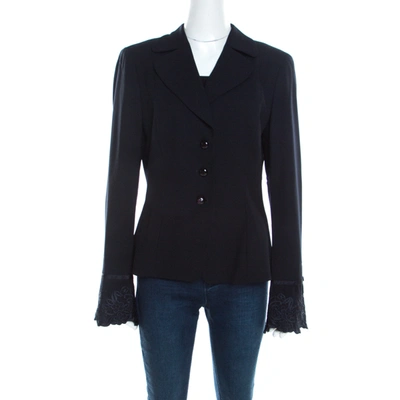 Pre-owned Escada Black Crepe Wool Embroidered Cuff Trim Button Front Blazer L