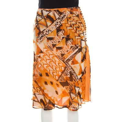 Pre-owned Escada Orange Abstract Print Silk Georgette A Line Skirt L