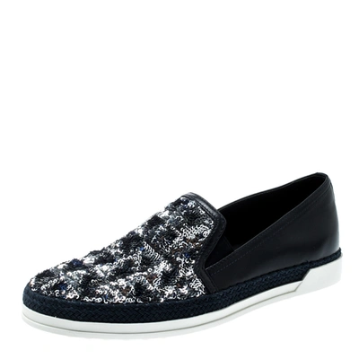 Pre-owned Tod's Blue Leather Sequin Embellished Espadrille Slip On Sneakers Size 37