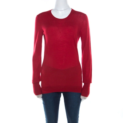 Pre-owned Burberry Brit Red Rib Knit Merino Wool Novacheck Trim Long Sleeve Sweater M