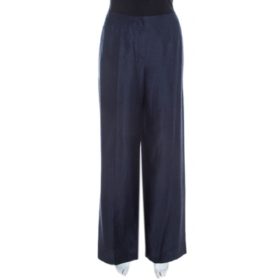 Pre-owned Escada Navy Blue Slub Silk And Linen High Waist Wide Leg Pants M