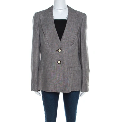 Pre-owned Escada Brown Basketweave Linen And Wool Faux Collar Tailored Blazer L