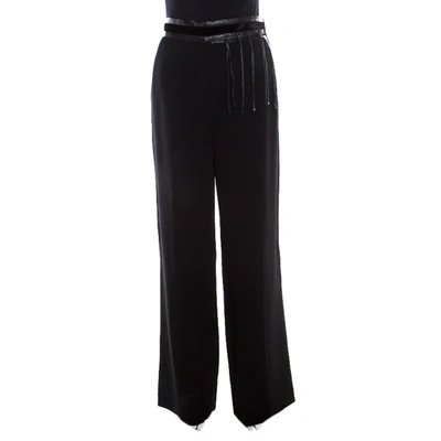 Pre-owned Escada Black Wool Crepe Faux Leather And Velvet Trim Wide Leg Pants Xl