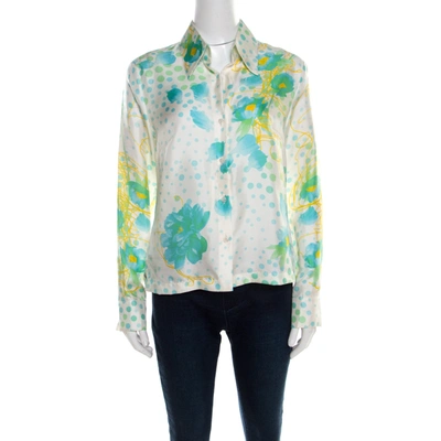 Pre-owned Escada Cream Floral Print Silk Twill Button Front Shirt M