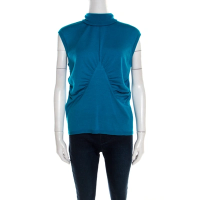 Pre-owned Escada Turquoise Blue Silk Wool Turtleneck Sleeveless Top L