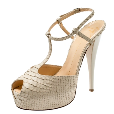Pre-owned Giuseppe Zanotti Beige Python Embossed Leather T Strap Platform Sandals Size 39