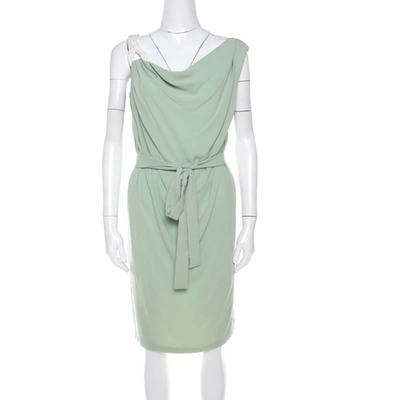 Pre-owned Escada Pistachio Green Crepe Contrast Trim Draped Sleeveless Doutzen Dress L
