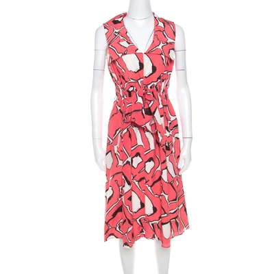 Pre-owned Escada Pink And White Abstract Print Silk Sleeveless Tie Up Dress M