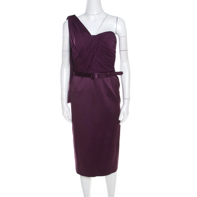 Pre-owned Escada Aubergine Draped Bodice Detail Asymmetric Sleeve Corsagenkleid Sheath Dress M In Purple