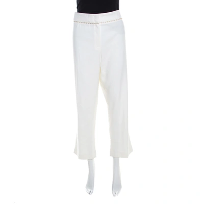 Pre-owned Escada White Stretch Cotton Embellished Waist Detail Cropped Tonikka Pants Xl