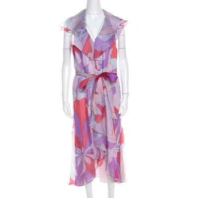 Pre-owned Escada Multicolor Abstract Print Silk Ruffled Sleeveless Dress L