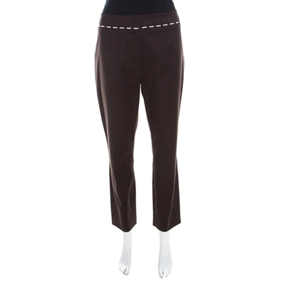 Pre-owned Escada Mocca Brown Stretch Cotton Embroidered Waist Detail Cropped Trousers L