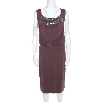 Pre-owned Escada Mauve Silk Cotton Iridescent Paillette Embellsihed Shawn Dress M In Brown