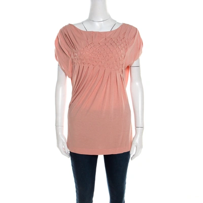 Pre-owned Escada Bellini Pink Diamond Pattern Pleated Jersey Cap Sleeve Estrelle Top M