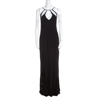 Pre-owned Escada Black Crepe Silk Sequin Embellished Fringed Hem Evening Dress M