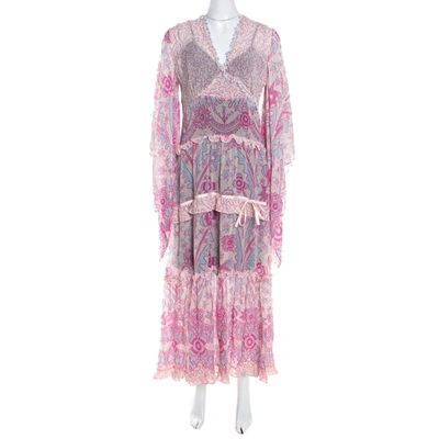 Pre-owned Escada Pink Abstract Print Crepe Silk Bead Embellished Kleid Maxi Dress M