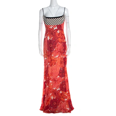 Pre-owned Escada Pink Floral Print Silk Corset Bodice Flared Abendkleid Maxi Dress M