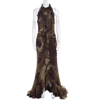 Pre-owned Escada Green And Brown Fauna Print Plisse Silk Ruffled Halter Maxi Dress M In Multicolor
