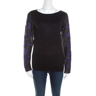 Pre-owned Escada Black Silk Wool Knit Floral Embroidered Long Sleeve Top S