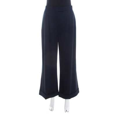 Pre-owned Escada Navy Blue Stretch Wool Crepe High Waist Wide Leg Trousers Xl