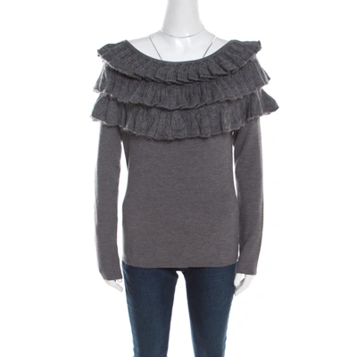 Pre-owned Escada Grey Wool And Mohair Ruffled Bodice Detail Long Sleeve Sweater L