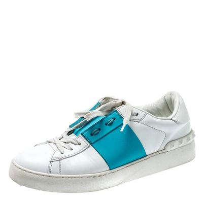 Pre-owned Valentino Garavani White And Blue Band Leather Open Low Top Sneakers Size 39