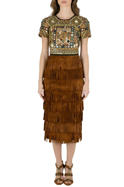 Pre-owned Burberry Prorsum Russet Brown Mirror Embellished Fringed Suede Midi Dress S In Multicolor