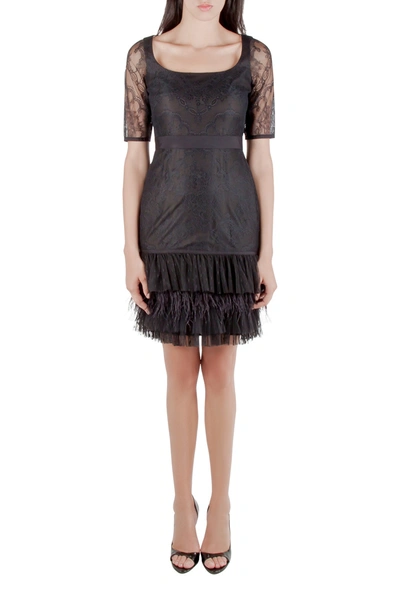 Pre-owned Marchesa Notte Black Lace Ruffle Tiered Hem Feather Insert Cocktail Dress M