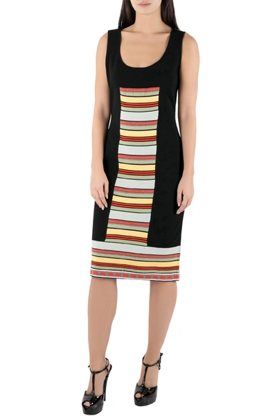 Pre-owned Fendi Black Rib Knit Multicolor Stripe Paneled Sleeveless Sheath Dress M