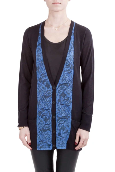Pre-owned Vera Wang Collection Black And Blue Lace Trim Button Front Cardigan S