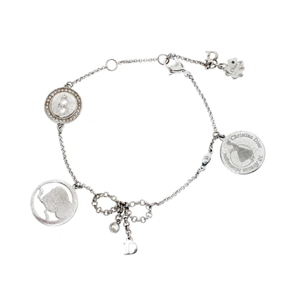 Pre-owned Dior Button Bow Crystal Silver Tone Charm Bracelet