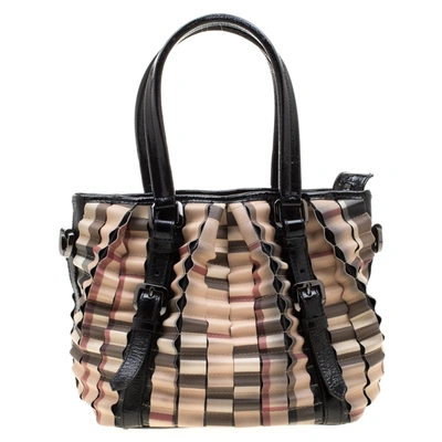 Pre-owned Burberry Black/beige Nova Check Pvc And Patent Leather Cartridge Pleat Tote