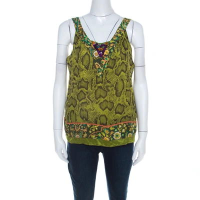 Pre-owned Etro Lime Green Snakeskin Print Silk Embellished Sleeveless Top L