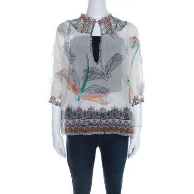 Pre-owned Matthew Williamson Off White Dragonfly Printed Silk Chiffon Sheer Blouse M