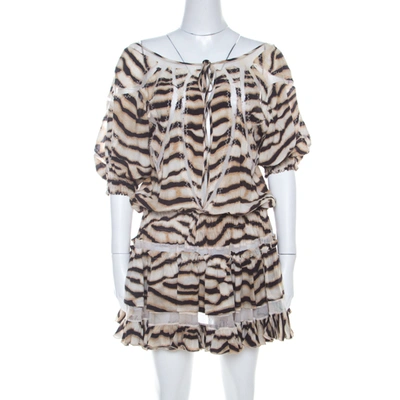 Pre-owned Just Cavalli Tiger Stripe Print Mesh Insert Smocked Waist Dress S In Beige