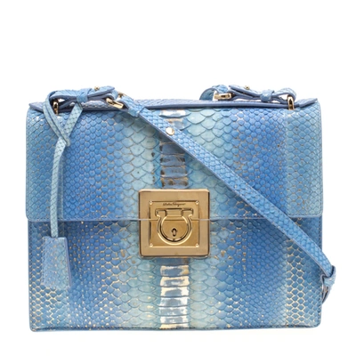 Pre-owned Ferragamo Blue/gold Python Gancio Lock Shoulder Bag