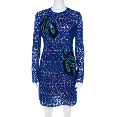 Pre-owned Mary Katrantzou Cobalt Blue Paisley Macrame Lace Overlay Geri Shift Dress M