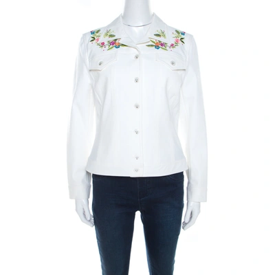 Pre-owned Escada White Denim Floral Embroidered Jacket M