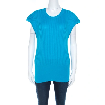 Pre-owned Escada Blue Cotton Ribbed Knit Crew Neck Top L