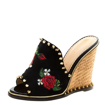 Pre-owned Charlotte Olympia Black Suede Floral Embroidered Gail Spike Studded Wedge Slides Size 36
