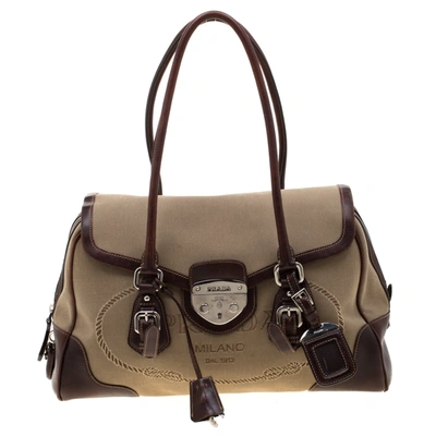 Pre-owned Prada Beige/brown Canvas And Leather Push Lock Satchel