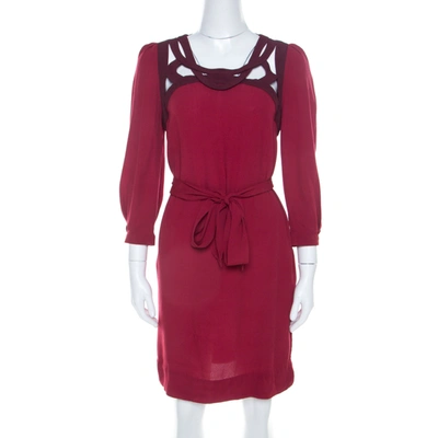 Pre-owned Diane Von Furstenberg Burgundy Crepe Cut Out Neck Detail Belted Jadey Dress S