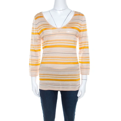 Pre-owned Escada Beige And Orange Stripes Knit Long Sleeve Top L