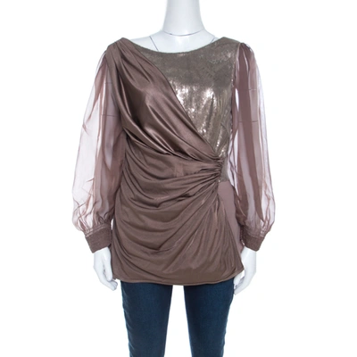 Pre-owned Tadashi Shoji Champagne Stretch Knit Sequined Inlay Draped Sheer Sleeve Top M In Gold